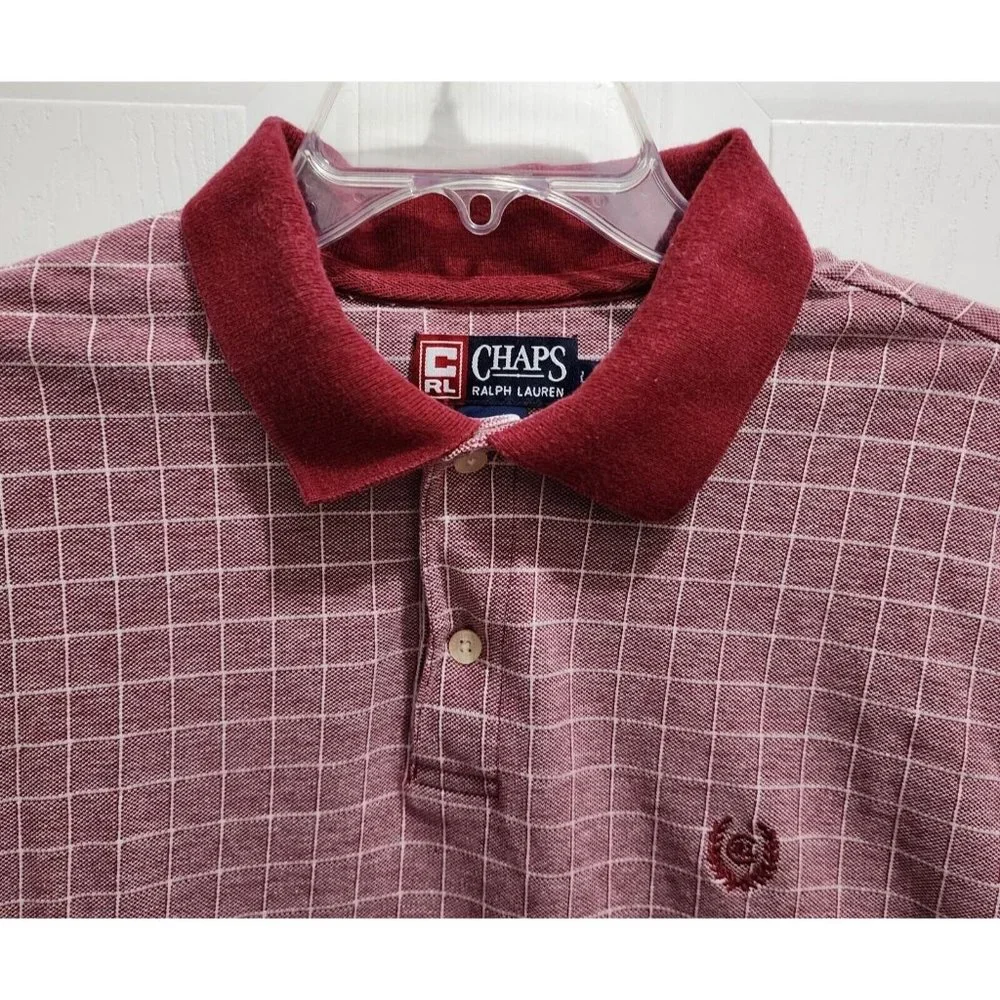 VTG Chaps Ralph Lauren Red Check Crest Logo Cotton Short Sleeve Polo Shirt Large